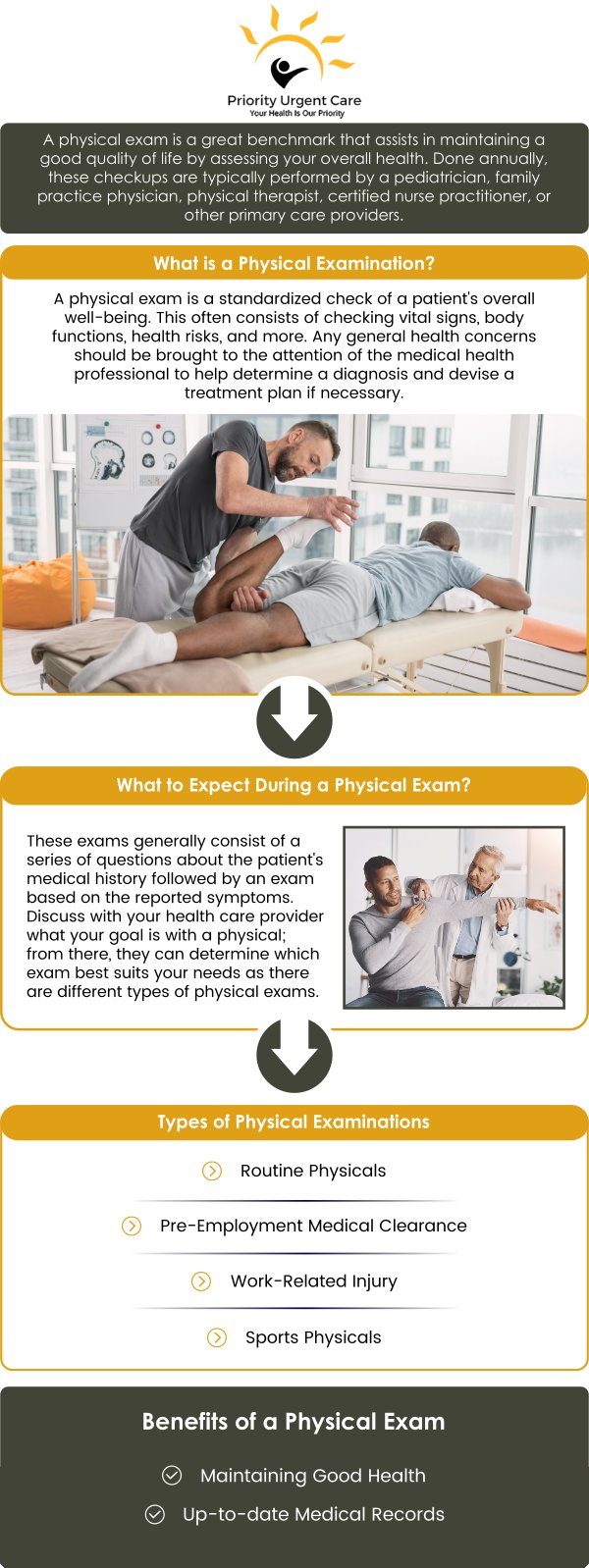 Priority Urgent Care and Walk-In Clinic provide physical examinations for sports, employment, and school. Our medical professionals are ready to provide you with the best quality service. Contact us today for more information. We have convenient locations to serve you in Ellington CT, Unionville CT, East Haven CT, Cromwell CT, Oxford, CT and Newington, CT.