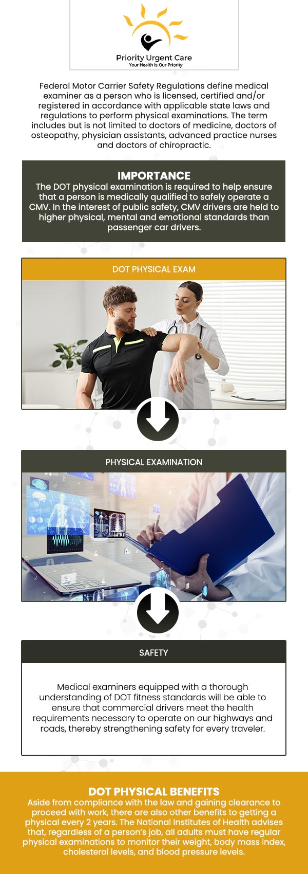 Priority Urgent Care offers DOT physical exams at affordable rates! Our dedicated team is committed to providing high-quality care at a cost-effective price. The average cost of a DOT physical exam ranges from $95 to $140, ensuring you receive excellent service without breaking the bank. Contact us today or book an appointment online. We have convenient locations to serve you in Cromwell CT, East Haven CT, Ellington CT, Newington, CT, Oxford, CT and Unionville CT.