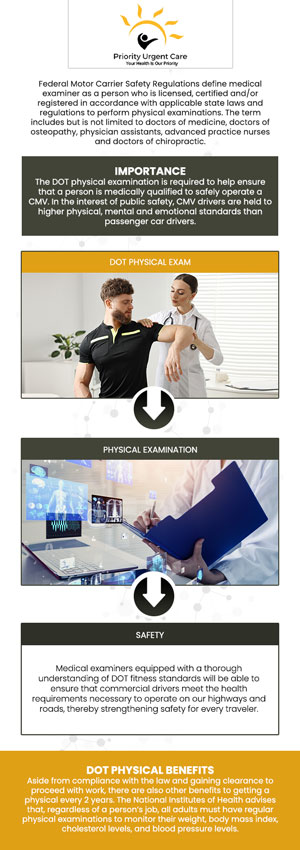 Priority Urgent Care offers DOT physical exams at affordable rates! Our dedicated team is committed to providing high-quality care at a cost-effective price. The average cost of a DOT physical exam ranges from $95 to $140, ensuring you receive excellent service without breaking the bank. Contact us today or book an appointment online. We have convenient locations to serve you in Cromwell CT, East Haven CT, Ellington CT, Newington, CT, Oxford, CT and Unionville CT.