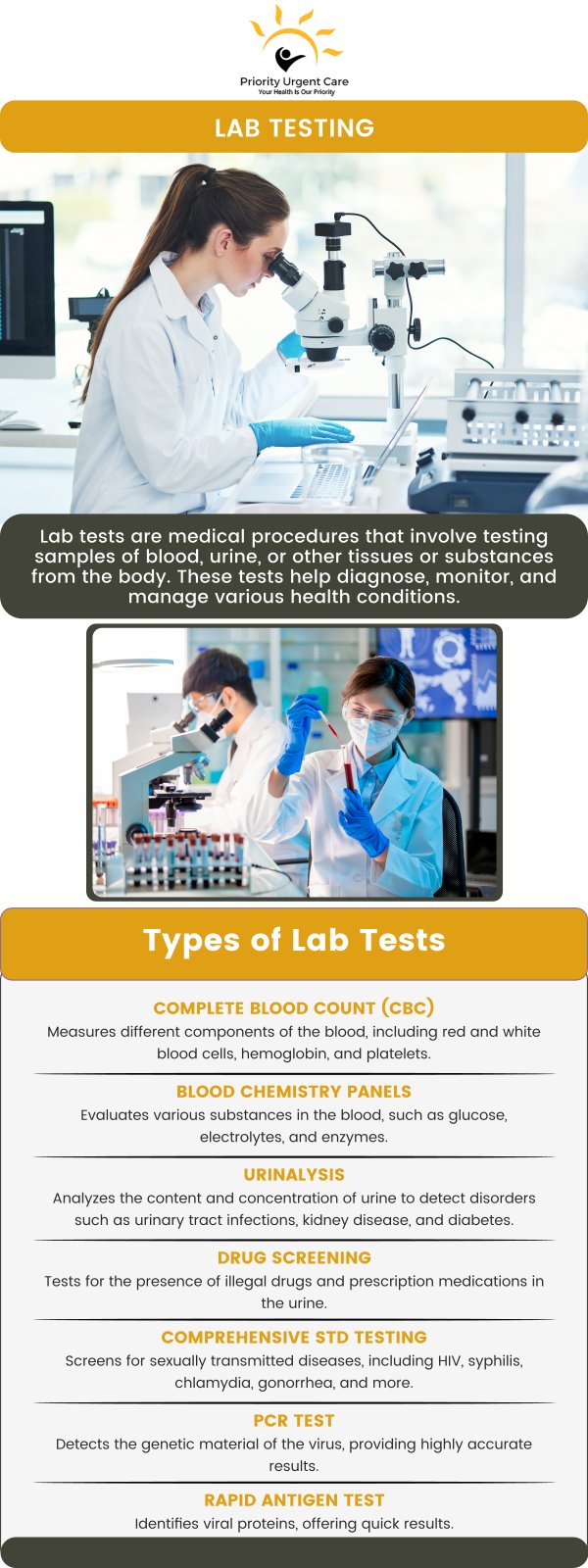 Lab testing is a service needed by patients for routine testing to look for changes in their health, and tests help doctors diagnose medical treatments and monitor diseases. Priority Urgent Care & Walk-In Clinic offers lab testing. Contact us today or book an appointment online. We have convenient locations to serve you in Ellington CT, Unionville CT, East Haven CT, Cromwell CT, Oxford, CT and Newington, CT. Lab testing is a service needed by patients for routine testing to look for changes in their health, and tests help doctors diagnose medical treatments and monitor diseases. Priority Urgent Care & Walk-In Clinic offers lab testing. Contact us today or book an appointment online. We have convenient locations to serve you in Ellington CT, Unionville CT, East Haven CT, Cromwell CT, Oxford, CT and Newington, CT.