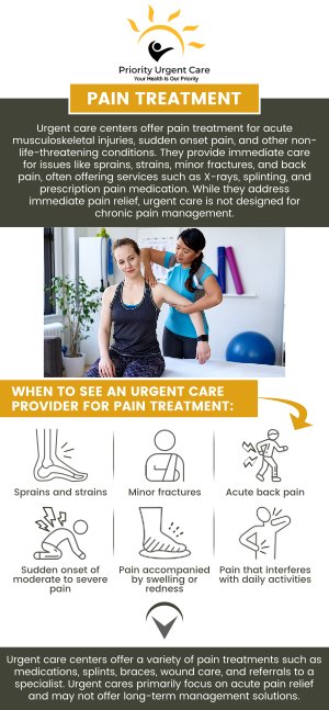 At Priority Urgent Care and Walk-In Clinic, we understand that pain can disrupt your daily life and well-being. Our dedicated team is equipped to provide prompt and effective treatment for various types of pain, from acute injuries to chronic conditions. Whether you're dealing with back pain, joint discomfort, or muscle strains, we offer comprehensive evaluations and tailored treatment plans to help you find relief and get back to your normal routine. Trust Priority Urgent Care for compassionate care and fast relief when you need it most. For more information, contact us today. You can also book an appointment online or simply walk-in. We have convenient locations to serve you in Ellington CT, Unionville CT, East Haven CT, Cromwell CT, Oxford, CT and Newington, CT.