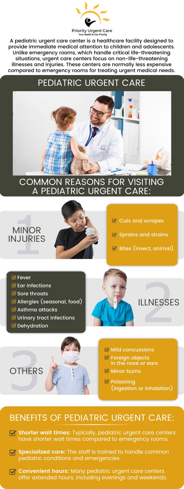 When your child has a medical concern, waiting for hours in an emergency room or days for your primary care physician’s next available appointment can be a serious inconvenience that is simply not worth the stress! In cases such as these, an urgent care clinic like Priority Urgent Care & Walk-in Clinic is here to help. Our board-certified physicians happily accept walk-in appointments for patients of any age. For more information, contact us today. We have convenient locations to serve you in Ellington CT, Unionville CT, East Haven CT, Cromwell CT, Oxford, CT and Newington, CT. When your child has a medical concern, waiting for hours in an emergency room or days for your primary care physician’s next available appointment can be a serious inconvenience that is simply not worth the stress! In cases such as these, an urgent care clinic like Priority Urgent Care & Walk-in Clinic is here to help. Our board-certified physicians happily accept walk-in appointments for patients of any age. For more information, contact us today. We have convenient locations to serve you in Ellington CT, Unionville CT, East Haven CT, Cromwell CT, Oxford, CT and Newington, CT.