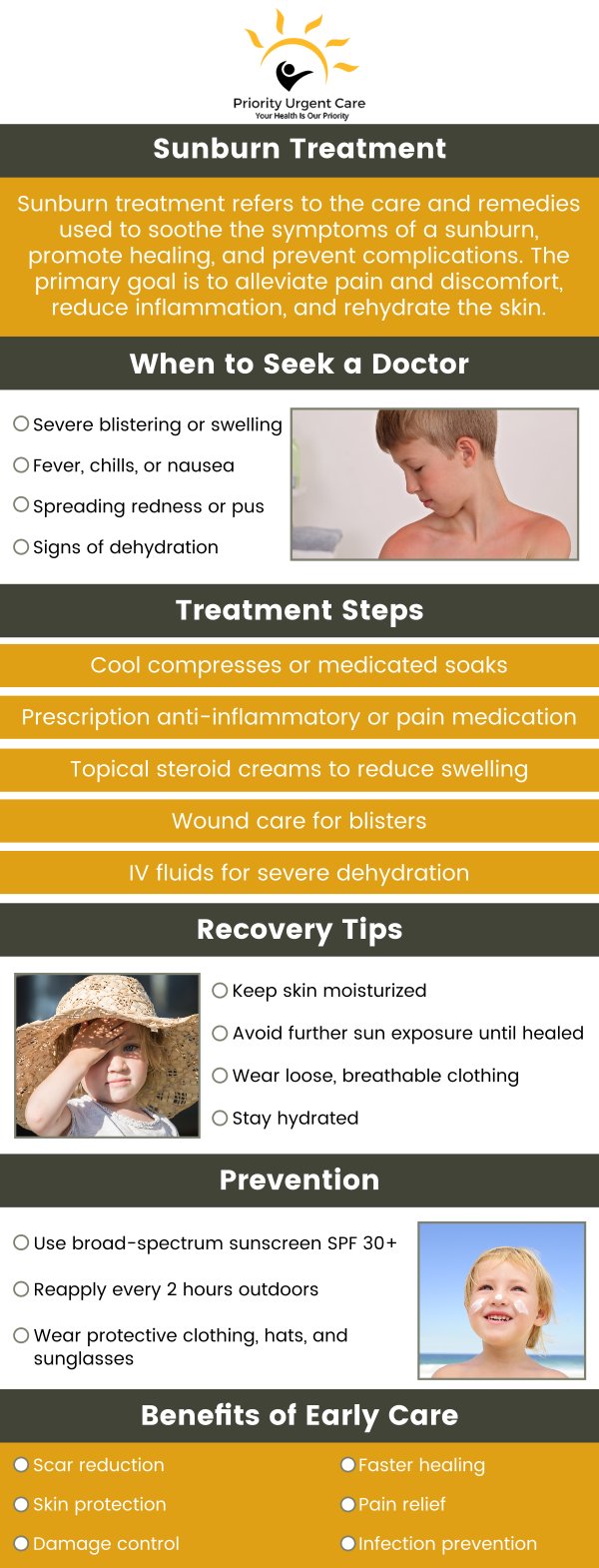 Sunburn is hot and sore skin caused by too much sun. Most sunburns are first-degree burns that turn the skin pink or red. Prolonged sun exposure can cause blistering and second-degree or third-degree burns that need specialized care. If you need sunburn treatment, walk into Priority Urgent Care for effective and quality treatment. For more information, contact us today. We accept most major insurances. We have convenient locations to serve you in Cromwell CT, East Haven CT, Ellington CT, Newington, CT, Oxford, CT and Unionville CT.