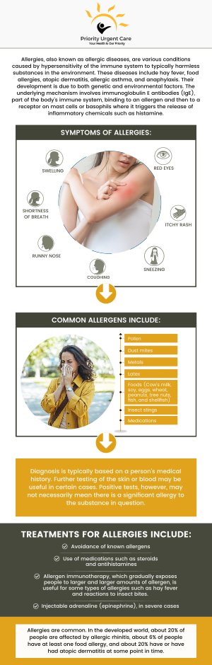 Allergies develop when your immune system causes an allergic reaction to an allergen by mistake. Symptoms may include sneezing, itching, watery eyes, or trouble breathing. If you are experiencing any allergic reactions or rashes from something, please come to Priority Urgent Care and Walk-In Clinic to get essential treatment that helps you heal faster. For more information, please contact us or request an appointment online. We have convenient locations to serve you in Cromwell CT, East Haven CT, Ellington CT, Newington, CT, Oxford, CT and Unionville CT. Allergies develop when your immune system causes an allergic reaction to an allergen by mistake. Symptoms may include sneezing, itching, watery eyes, or trouble breathing. If you are experiencing any allergic reactions or rashes from something, please come to Priority Urgent Care and Walk-In Clinic to get essential treatment that helps you heal faster. For more information, please contact us or request an appointment online. We have convenient locations to serve you in Cromwell CT, East Haven CT, Ellington CT, Newington, CT, Oxford, CT and Unionville CT.