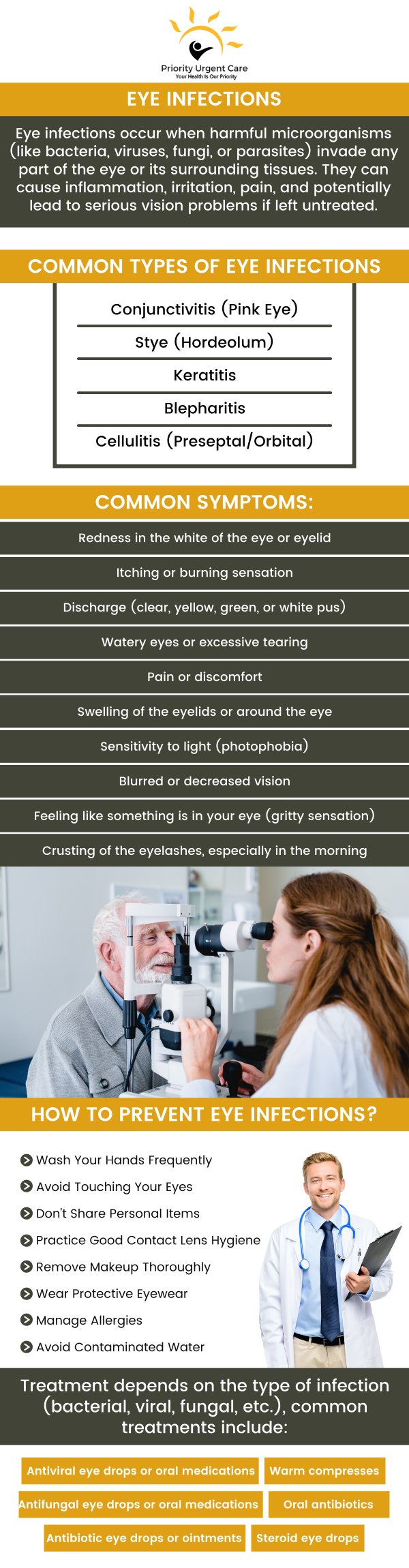An eye infection can be serious and cause permanent vision loss if left untreated. Eye infection symptoms include redness, irritation, swelling, discharge, pain, and vision difficulties. Come to Priority Urgent Care in Ellington, CT to receive treatment for your eye infection, whether it be viral or bacterial. Contact our clinic today to speak with a professional or schedule an appointment online. We are conveniently located at 105 West Road Ellington, CT 06029.