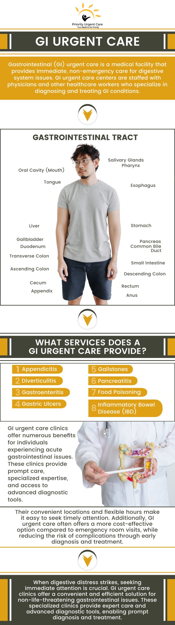 At Priority Urgent Care, we understand that gastrointestinal issues can be both uncomfortable and urgent. Our experienced medical team is here to provide swift and comprehensive care for a range of GI concerns, from abdominal pain and nausea to diarrhea and constipation. We offer timely evaluations and treatments to help alleviate your symptoms and get you back to feeling your best. For expert care in a compassionate environment, visit Priority Urgent Care-where your health and comfort are our top priorities. For more information, please contact us today. You can also book an appointment online or simply walk-in. We have convenient locations to serve you in Cromwell CT, East Haven CT, Ellington CT, Newington, CT, Oxford, CT and Unionville CT.