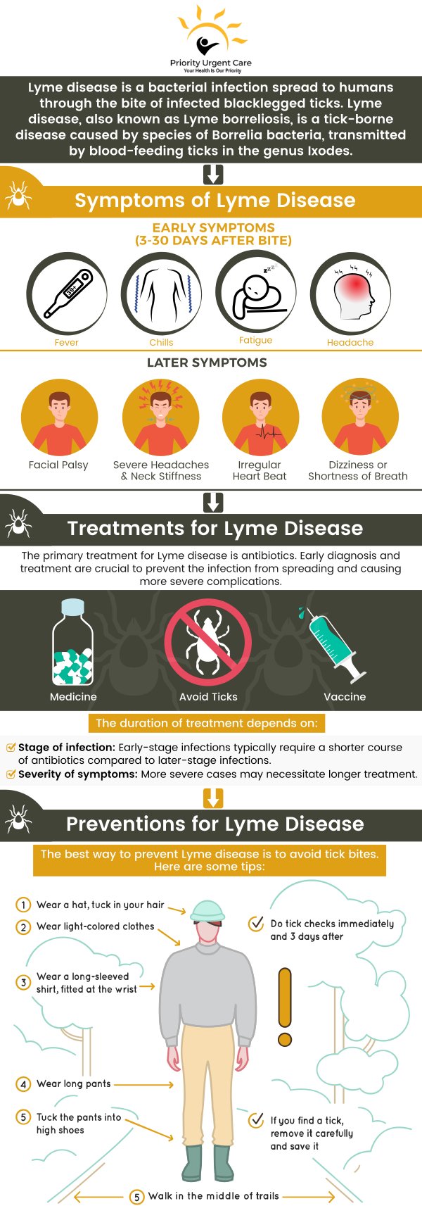 Lyme disease is an infection you get from tick bites. The first symptom is usually a rash. Learn more about Lyme disease symptoms and the treatment options available. Get treatment for Lyme disease today at Priority Urgent Care and Walk-In Clinic. Contact us today or visit us online to book an appointment. We have convenient locations to serve you in Cromwell CT, East Haven CT, Ellington CT, Newington, CT, Oxford, CT and Unionville CT. Lyme disease is an infection you get from tick bites. The first symptom is usually a rash. Learn more about Lyme disease symptoms and the treatment options available. Get treatment for Lyme disease today at Priority Urgent Care and Walk-In Clinic. Contact us today or visit us online to book an appointment. We have convenient locations to serve you in Cromwell CT, East Haven CT, Ellington CT, Newington, CT, Oxford, CT and Unionville CT.