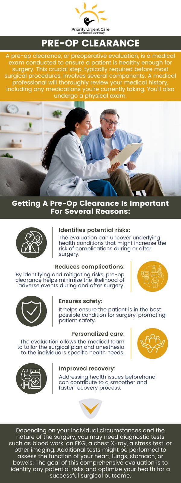 A pre-op physical exam is conducted to evaluate a patient’s health before a scheduled surgical procedure. This examination provides surgeons with vital information about the patient’s overall condition and helps identify any medical issues that may affect surgery or recovery. Priority Urgent Care & Walk-In Clinic offers comprehensive preoperative physical exams with convenient walk-in appointments available for timely care. Contact us today or schedule an appointment online. We are conveniently located at 2909 Berlin Turnpike, Newington, CT 06111.